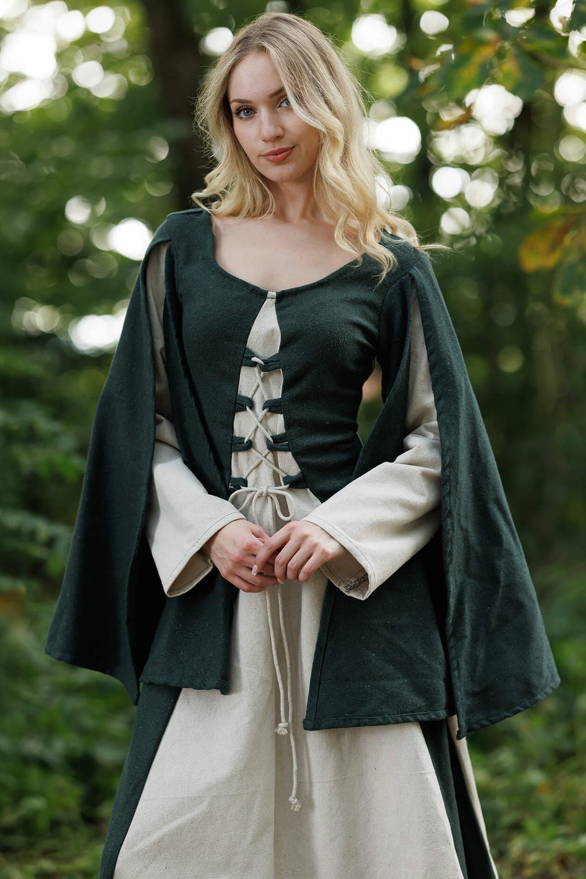 Medieval dress Jasione, green/cream