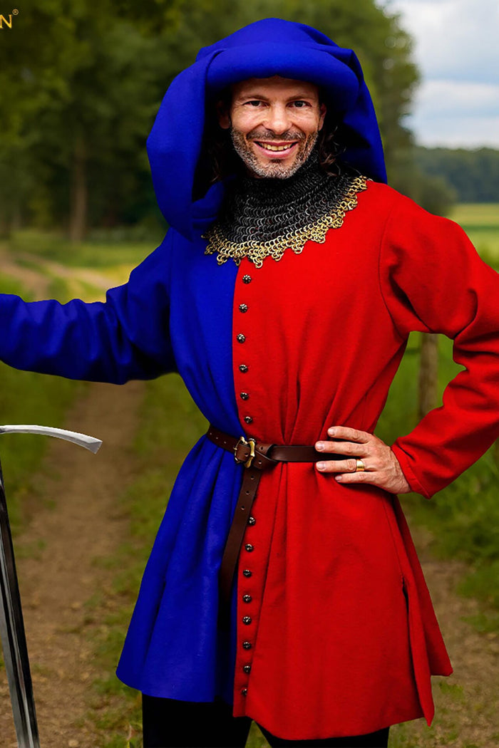 Laatmiddeleeuwse houppelande, rood-blauw, wol