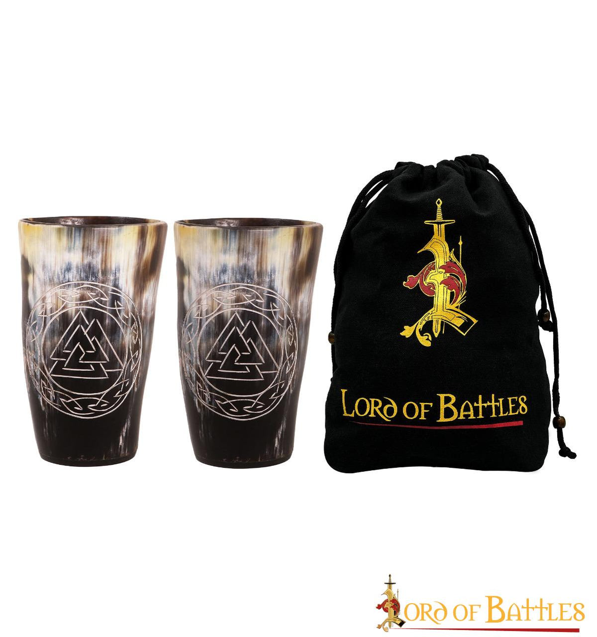 Viking horn cup set with Valknut engraving, set of 2