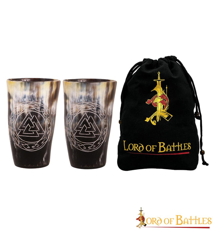 Viking horn cup set with Valknut engraving, set of 2