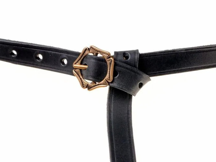 Medieval belt with five-step buckle, bronze, brown leather
