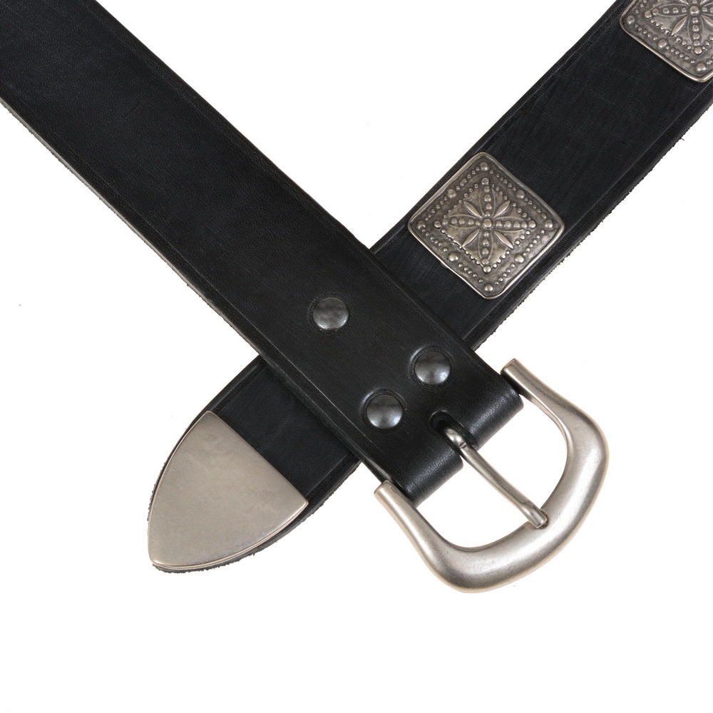 Cintura da crociato con linguetta e accessori a giglio, nero pelle, placcato argento ottone