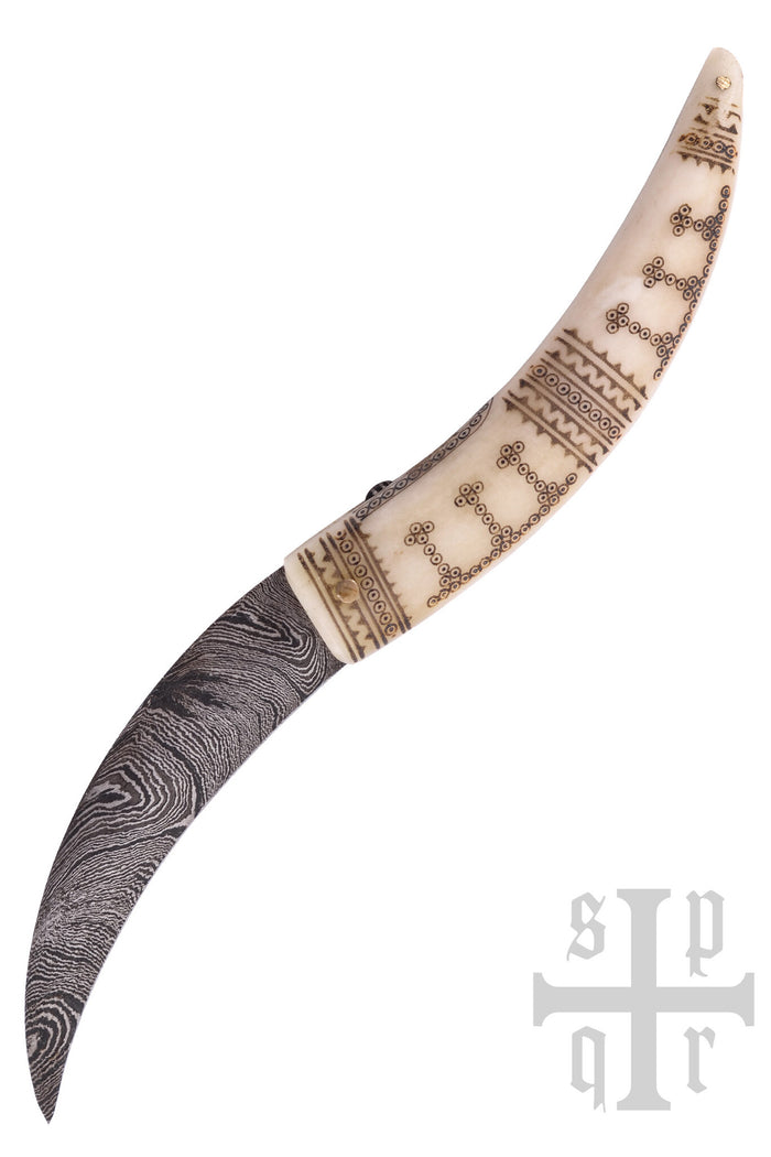 Wikinger Klappmesser, Damast, halb scharf