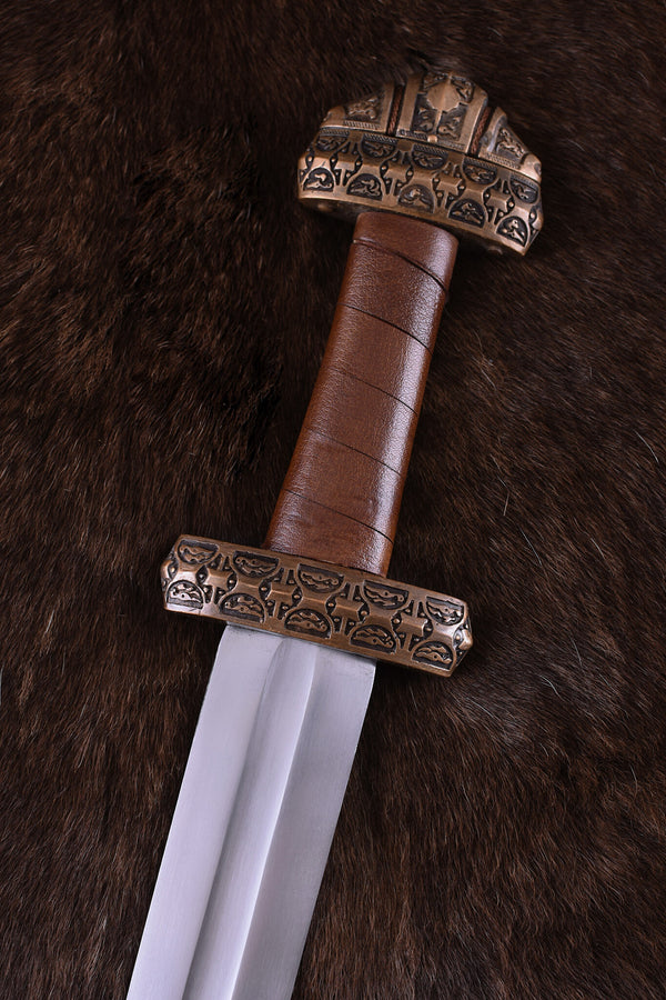 Espada Viking ilha Eigg, punho de couro, temperado, semi-afiado