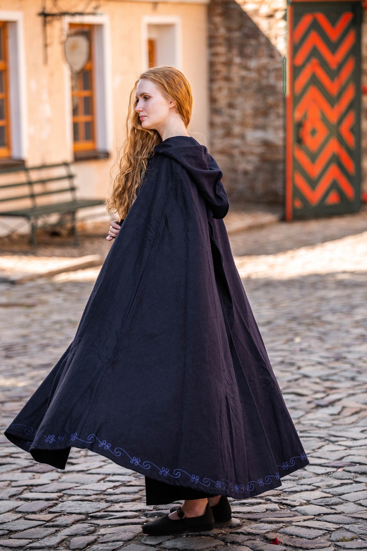 Mantello ricamato Damia, blu, misto lana