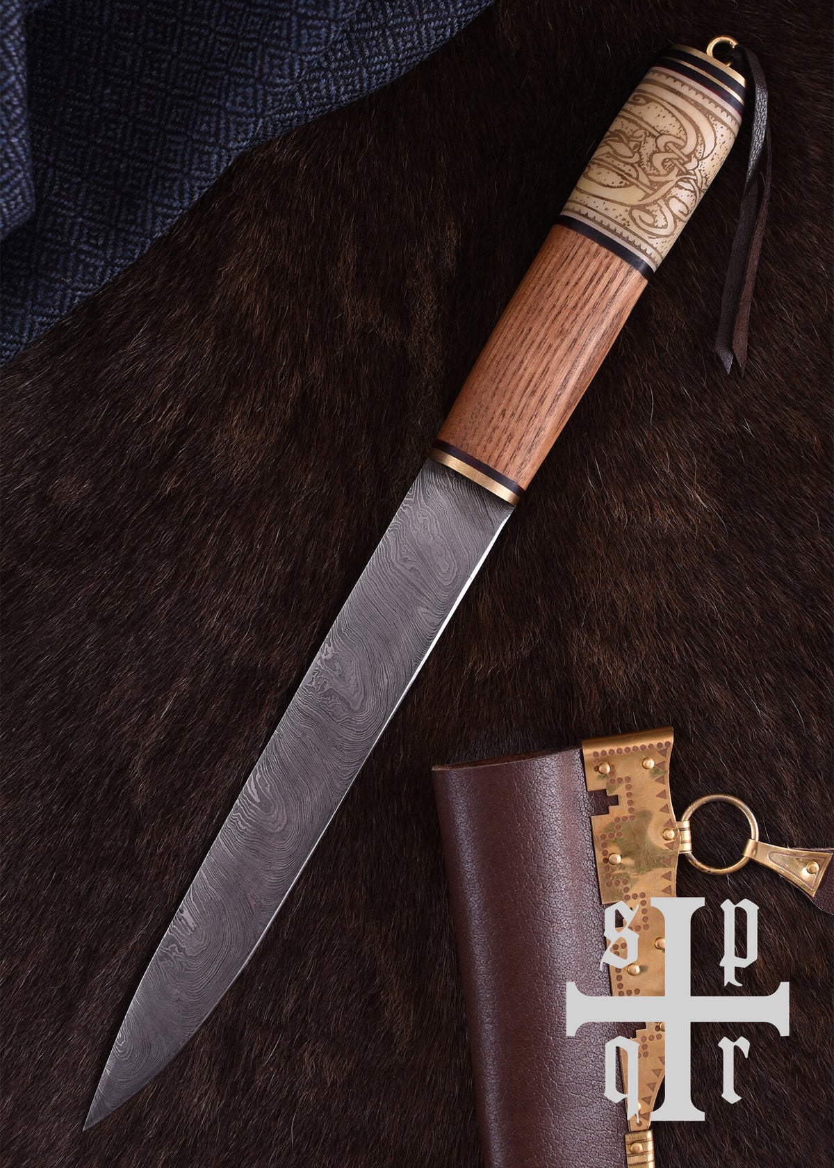 Viking seax with knot motif, damascus steel, semi-sharp