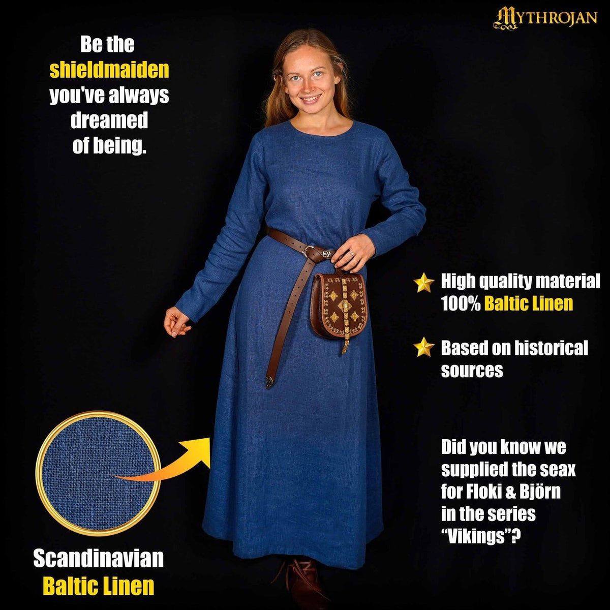 Wikińska suknia Helga, lniana, niebieska