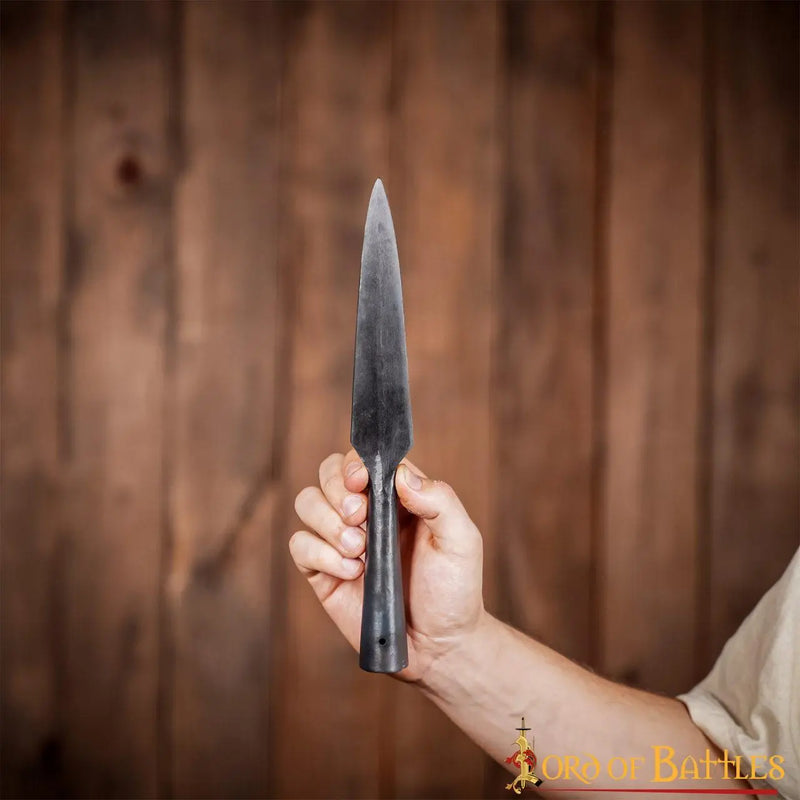 Wczesnośredniowieczny grot włóczni z barkami, brązowany, półostry