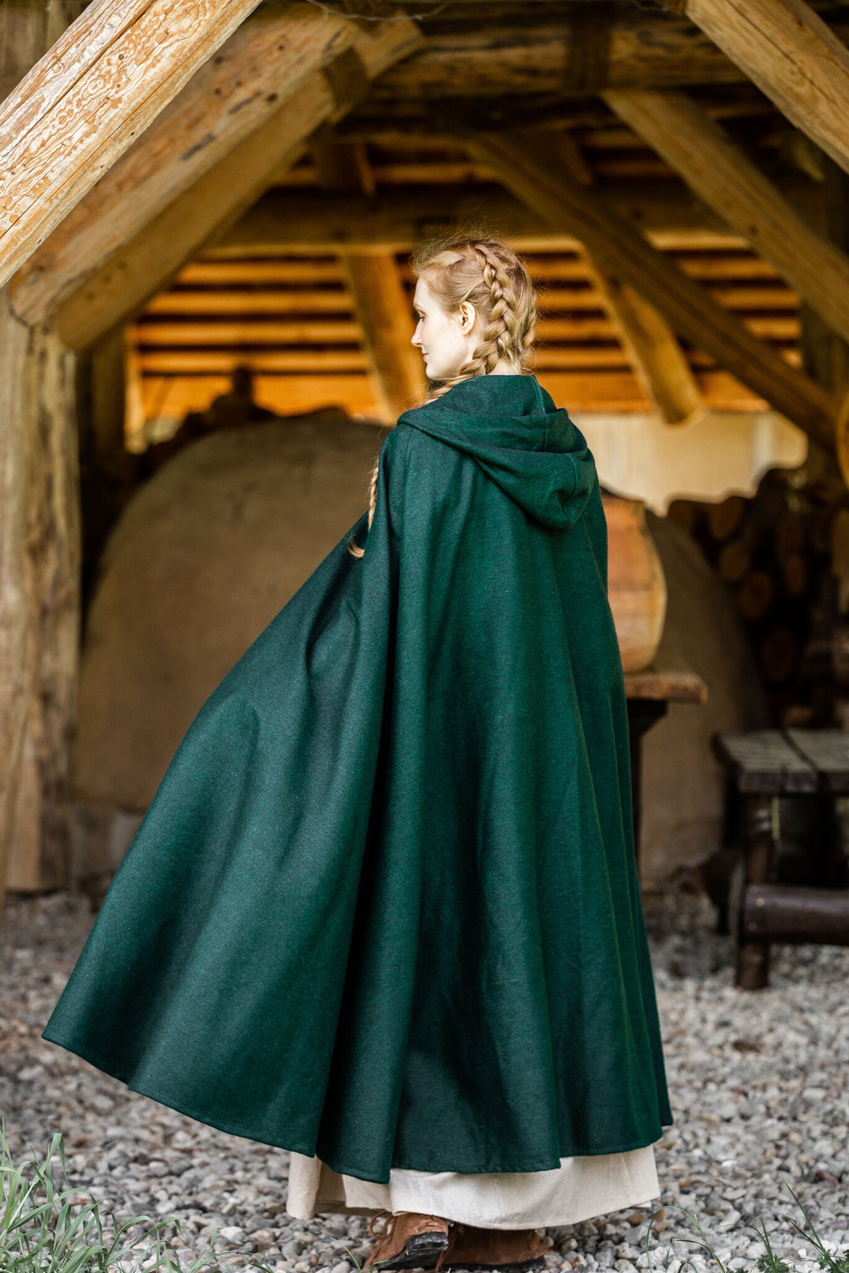 Średniowieczny płaszcz Karen, zielony, mieszanka wełny
