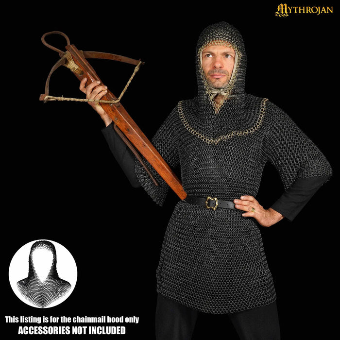 Black chainmail coif, brass edge, butted round rings
