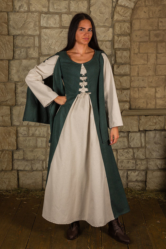 Medieval dress Jasione, green/cream