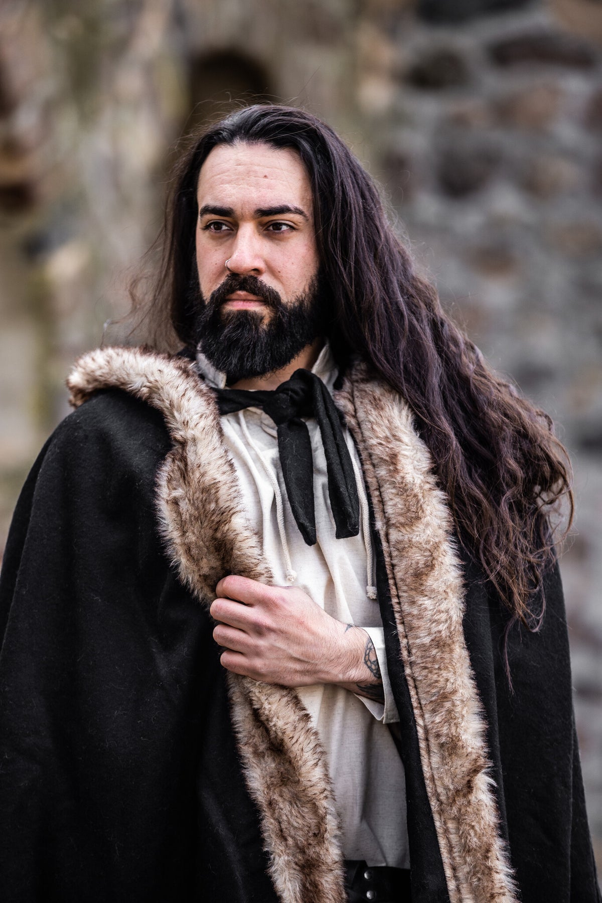 Viking cloak Fjell, black, wool mix