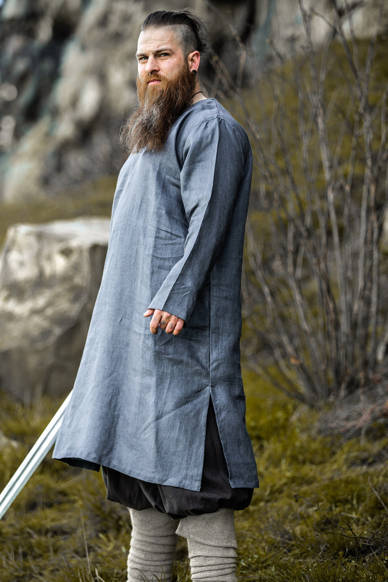 Viking tuniek Halvar linnen, blauw-grijs