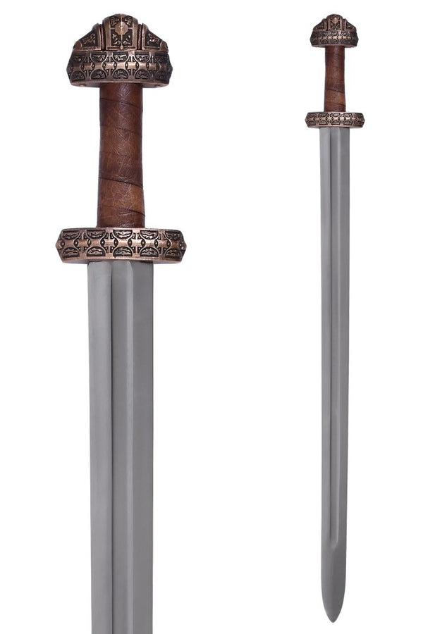 Espada viking da ilha de Eigg, grip de couro, semi-afiada
