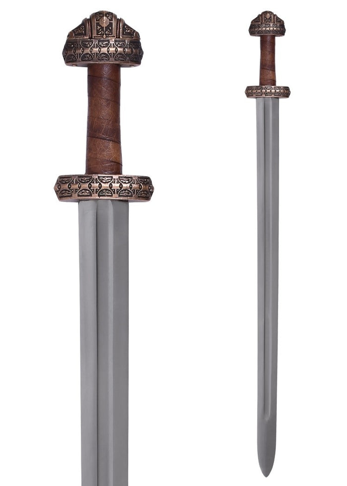 Espada vikinga de la isla de Eigg, empuñadura de cuero, semi-afilada