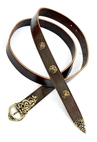 Ceinture viking Ringerike deluxe, argentée, 165 cm, brune