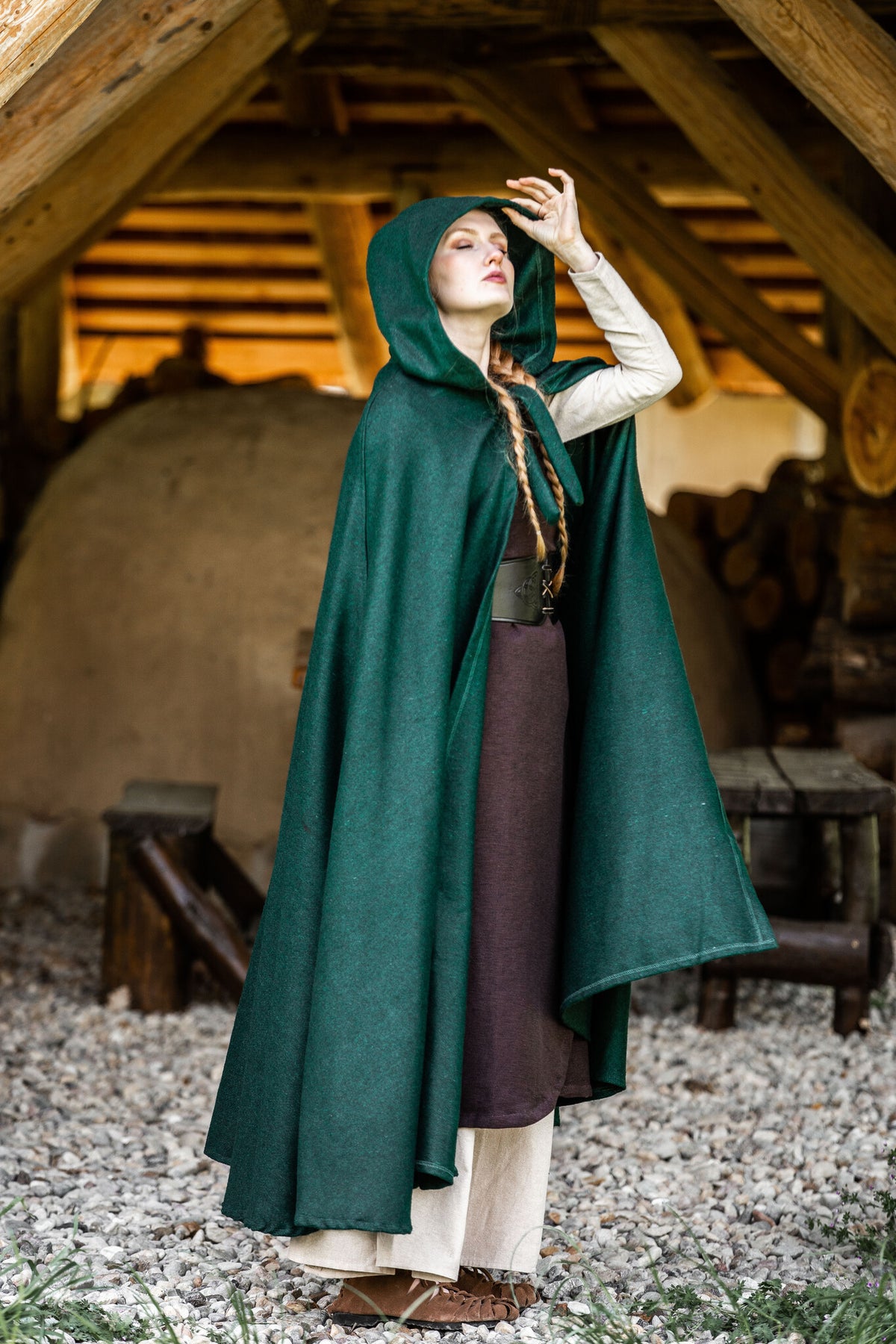 Średniowieczny płaszcz Karen, zielony, mieszanka wełny