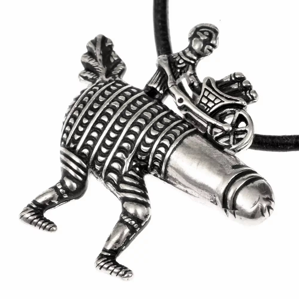 Pilgrim badge phallus with wheelbarrow, silvered bronze