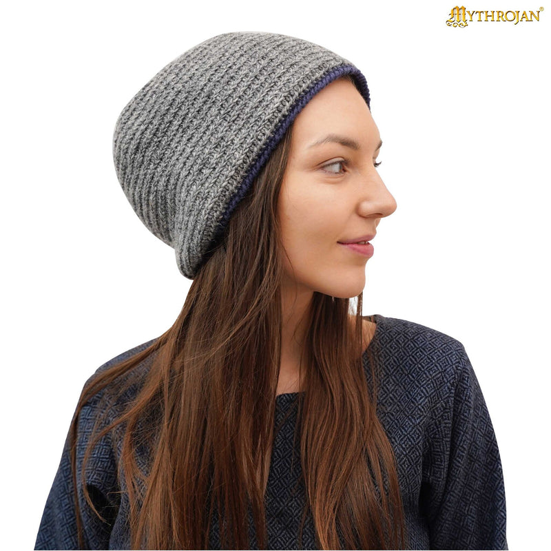 Czapka naaldbinding, 100% wełna, szaroniebieska