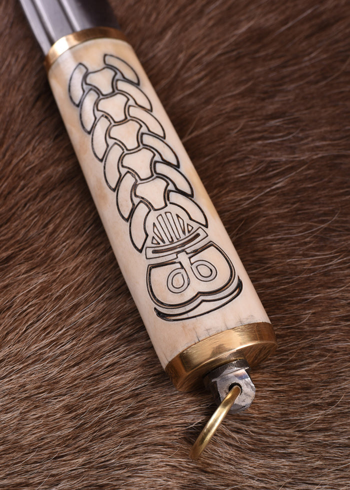 Small Norse viking seax with decorated bone grip, semi-sharp