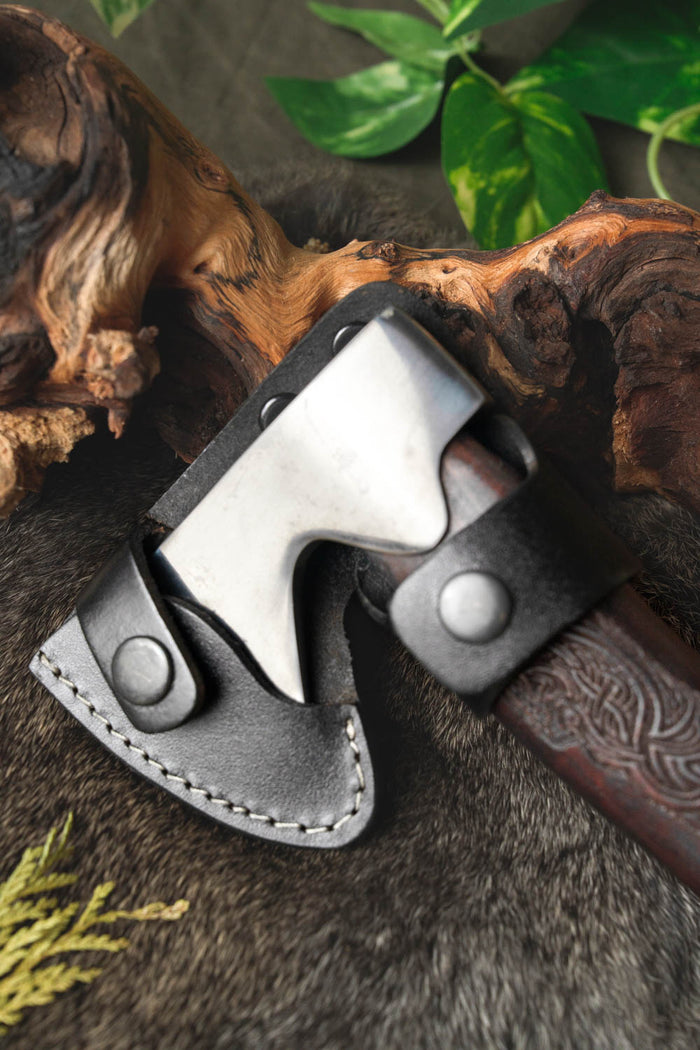 Stainless steel Viking hand axe with Mjolnir, semi-sharp