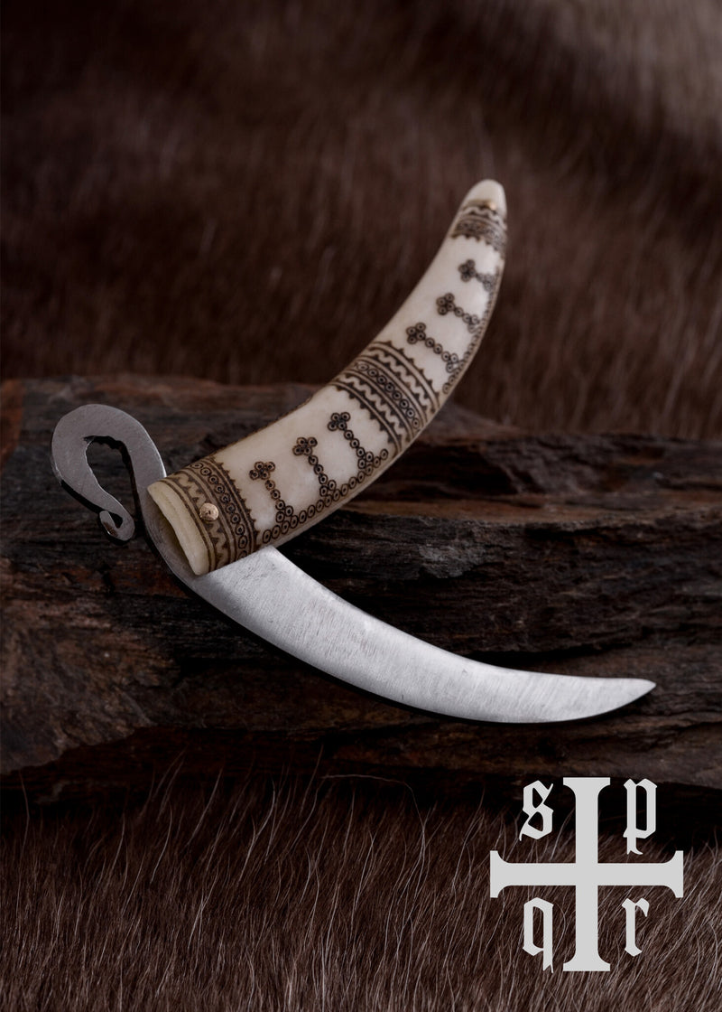 Coltello pieghevole vichingo, impugnatura in osso, semi-affilato