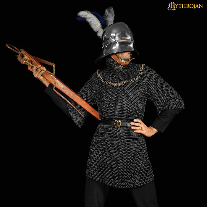 Black chainmail coif, brass edge, butted round rings