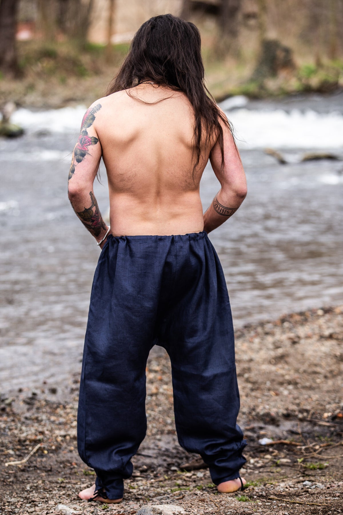 Lniane spodnie wikińskie Odin, niebieskie