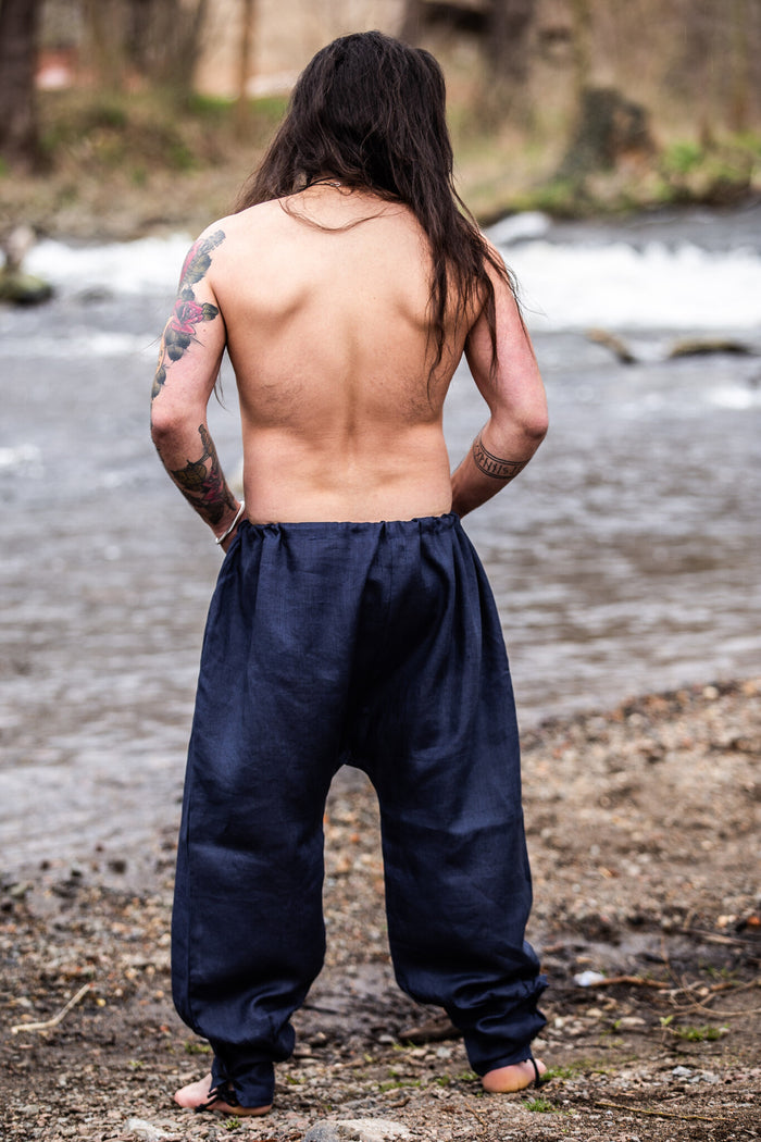 Lniane spodnie wikińskie Odin, niebieskie