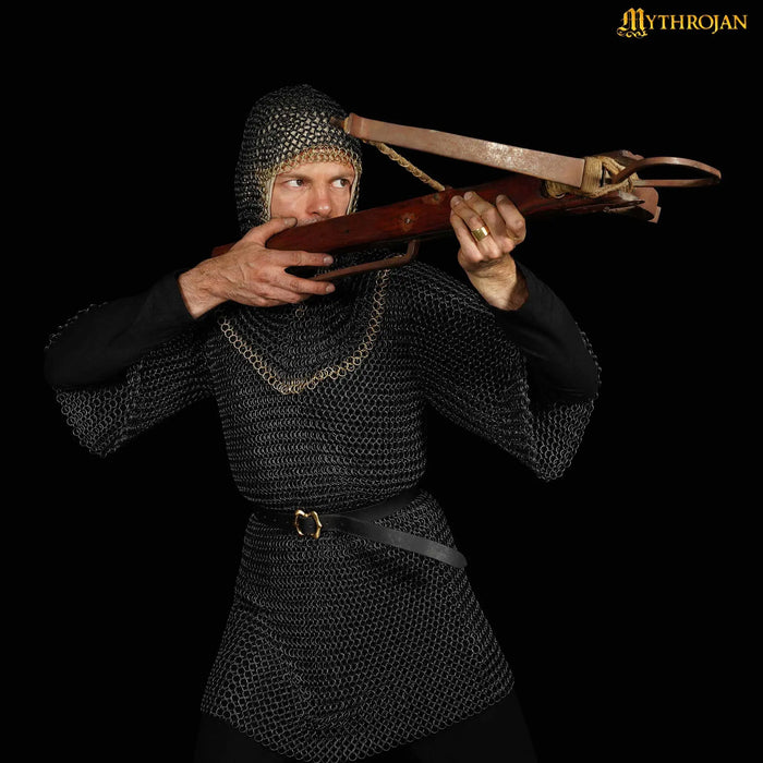 Black chainmail coif, brass edge, butted round rings