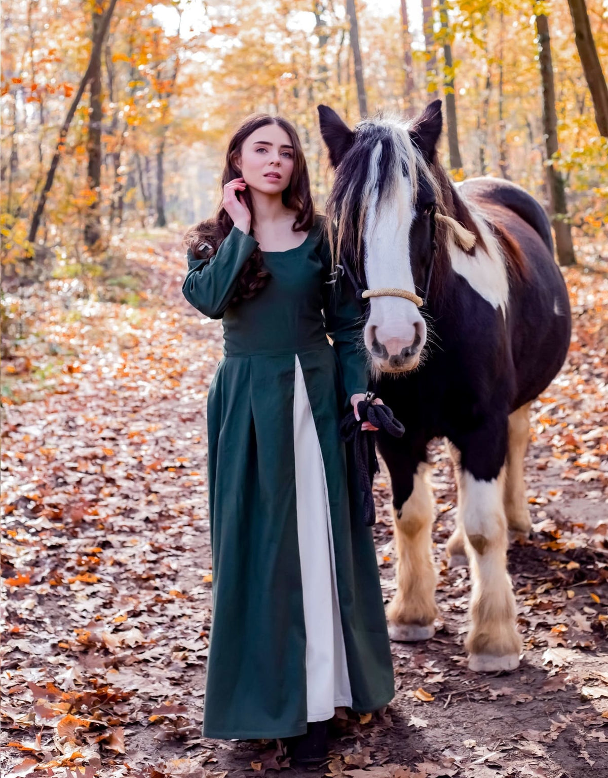 Medieval dress Larina, green-naturel