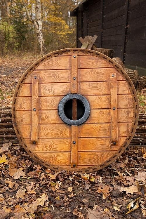 Escudo LARP Thegn, blanco-madera, 70 cm