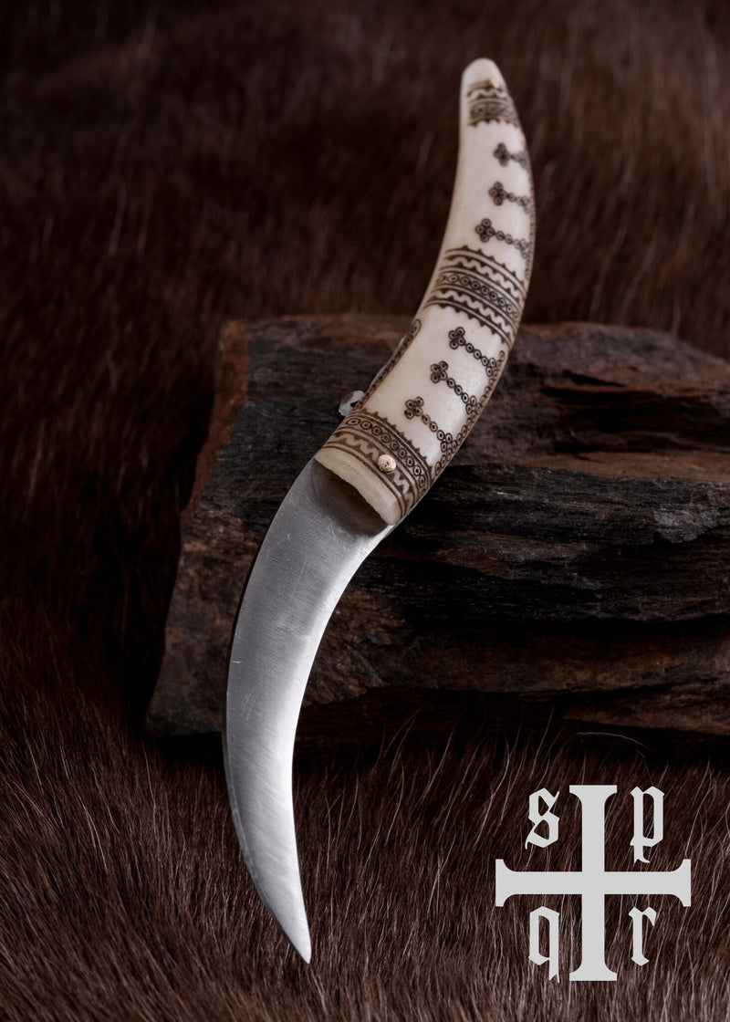 Coltello pieghevole vichingo, impugnatura in osso, semi-affilato