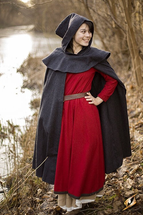Middelalderlig kappe med hætte Thomas, grå, uldblanding