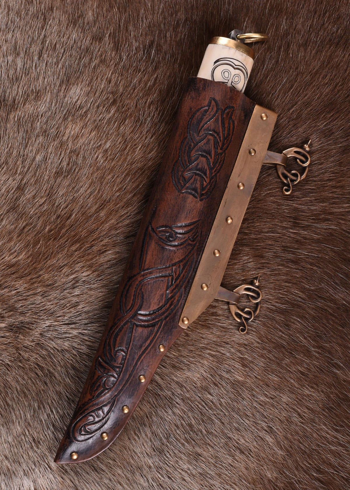 Small Norse viking seax with decorated bone grip, semi-sharp