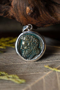 Pendente de moeda Zeus, prata esterlina