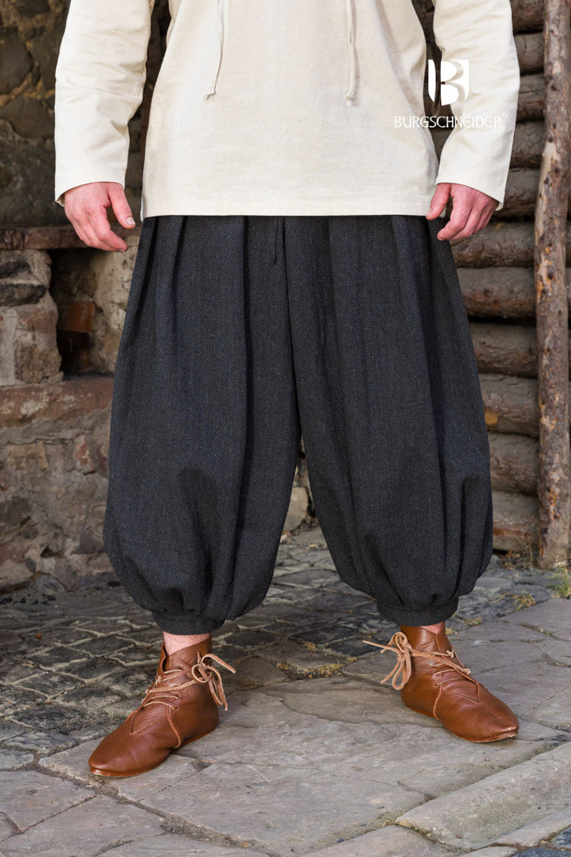 Rusvik vikingabyxor Borys, fiskbensmönster, svart grå, ullmix