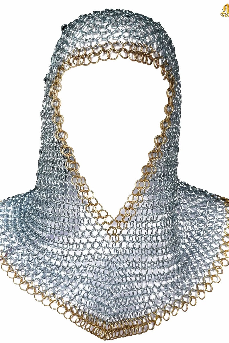 Galvanized chainmail coif, brass edge, butted round rings