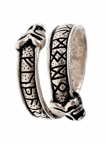 Bague runique avec têtes de loup, bronze argenté