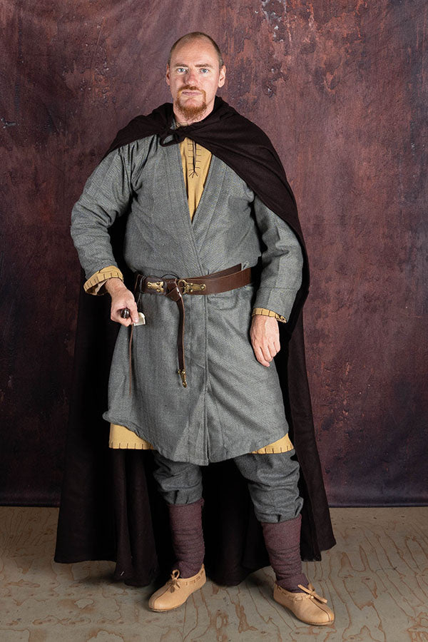 Caftano vichingo, grigio, misto lana a motivo spigato