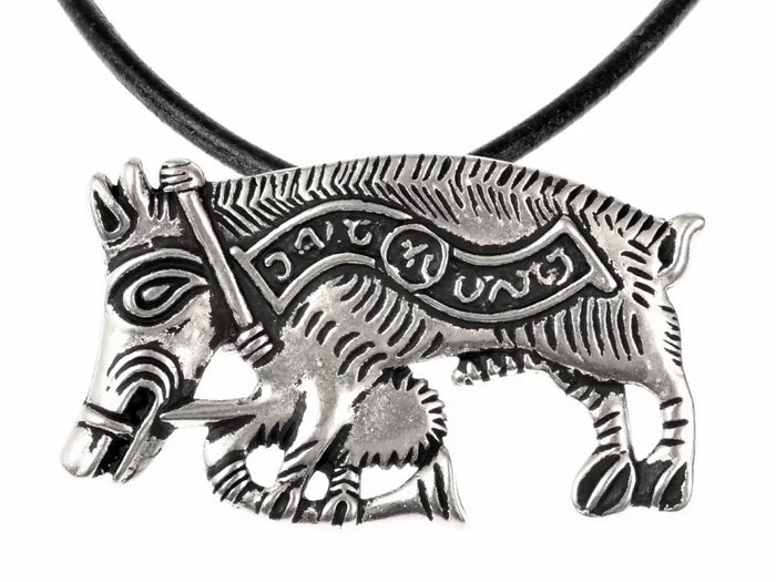 Pilgrimsbadge svin med sækkepibe, forsølvet bronze