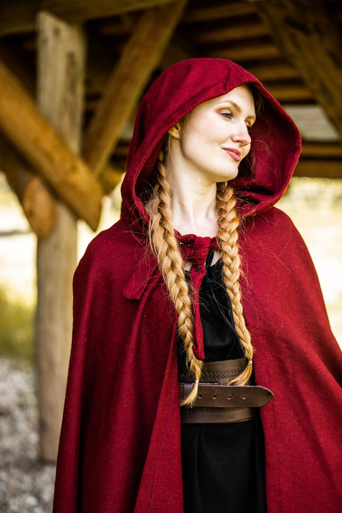 Medieval cloak with hood, red, wool mix