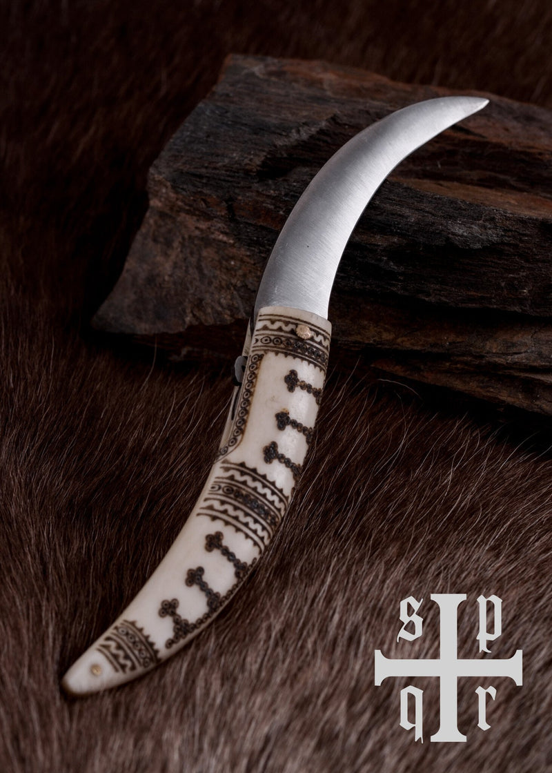 Coltello pieghevole vichingo, impugnatura in osso, semi-affilato