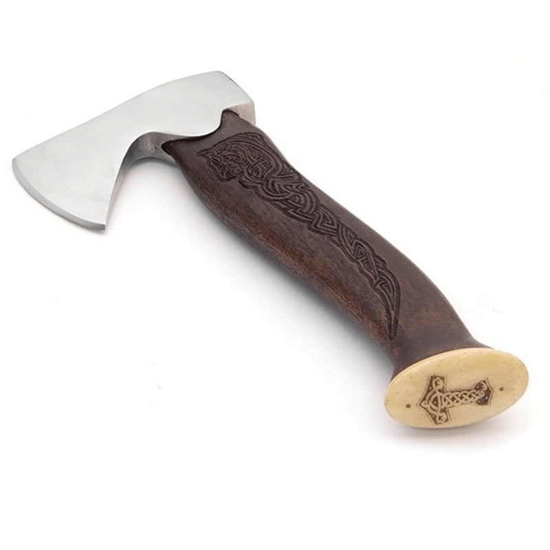 Stainless steel Viking hand axe with Mjolnir, semi-sharp