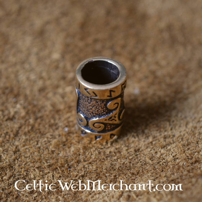 Beard bead with triskelion & runic inscription, bronze