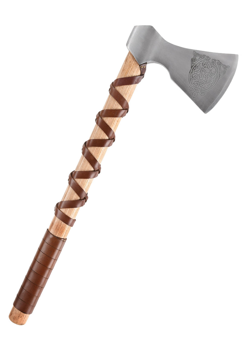 Hacha vikinga, tipo F, grabada, semi-afilada