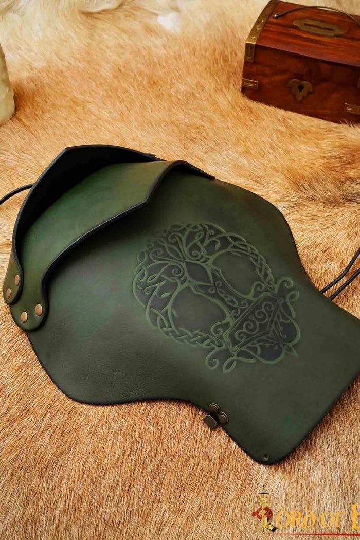 Leather pauldron Yggdrasil Mjolnir, green