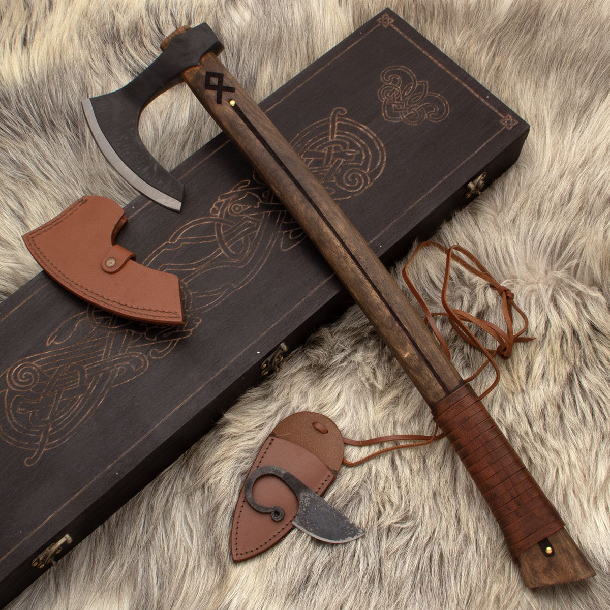 Viking set Othala axe and knife, semi-sharp