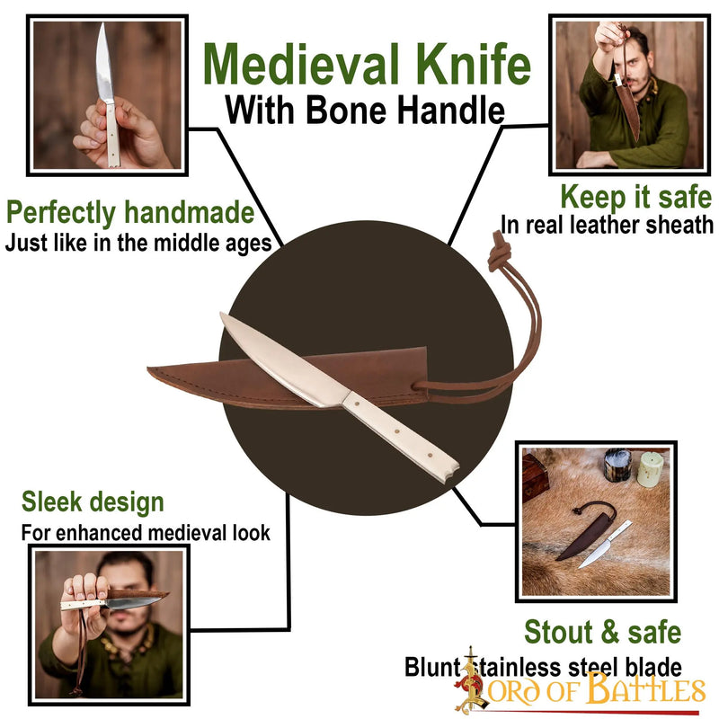 Couteau de table du XVe siècle avec manche en os, acier inoxydable
