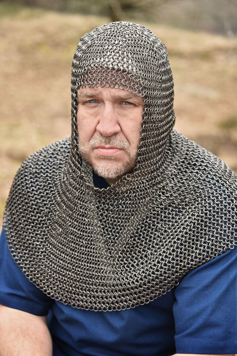 Chainmail coif with square neck, untreated, 8 mm